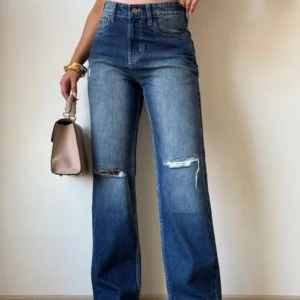 Edgy Blue Distress Wash Straight Leg Jeans