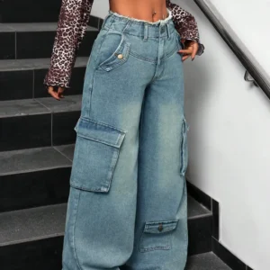 Lunar Grey Raw Waist Baggy Wide Leg Cargo Jeans
