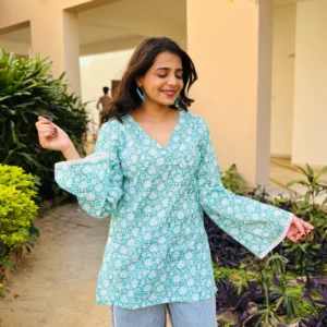 Meher Kurti (Sky Blue Handblock )